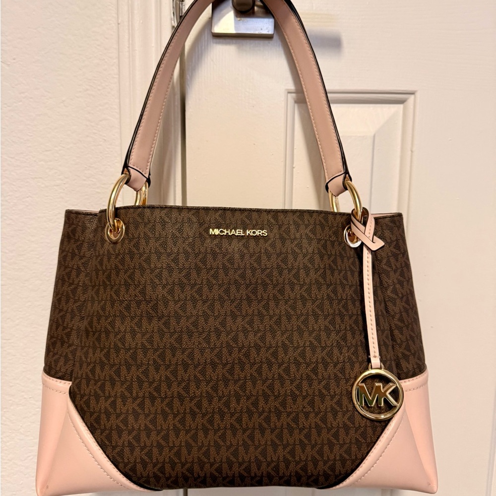 Michael Kors Brown and Pink Logo Shoulder Bag